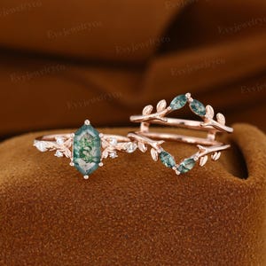 Vintage Rose Gold Moss Agate Engagement Ring Set: Art Deco Bridal