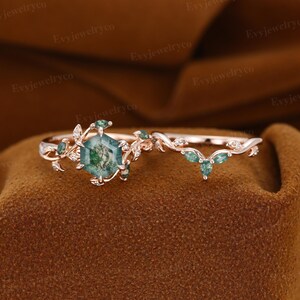 Hexagon Moss Agate Engagement Ring Set: Rose Gold Leaf Art Deco Bridal Set