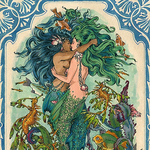 Lesbian Mermaid Art Print: Queer LGBT Romance Poster