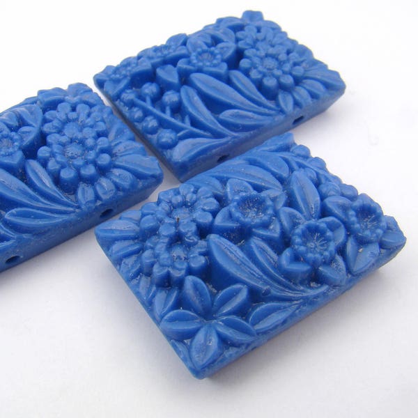 3 pcs vintage 2 hole rectangular blue beads, Japanese opaque glass flower floral 27mm