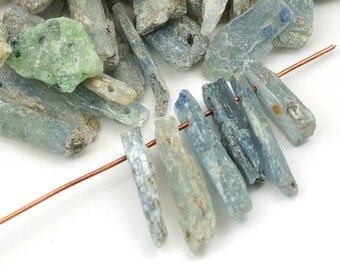 45 pcs long kyanite beads, top drill primitive style light blue semiprecious stone