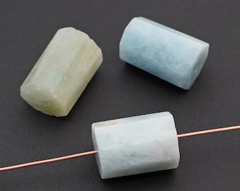 3 pcs faceted barrel aquamarine beads, light blue semiprecious stone cylinder, average size 18mm x 14mm