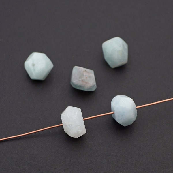 5 pcs small faceted aquamarine nugget beads, side drilled light blue semiprecious stone, average size 13mm