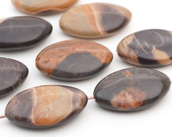 8 pcs flat pointed oval jasper beads, two tone brown semiprecious stone, avg size 25mm