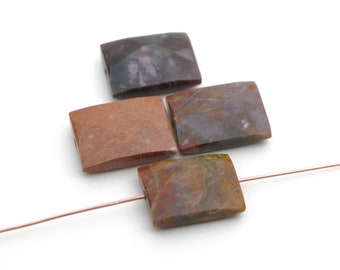 4 pcs flat rectangular fancy jasper beads, faceted green peach semiprecious stone, average length 20mm