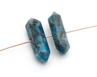 2 pcs long side drilled double terminated apatite beads, faceted teal blue semiprecious stone, average length 33mm 34mm