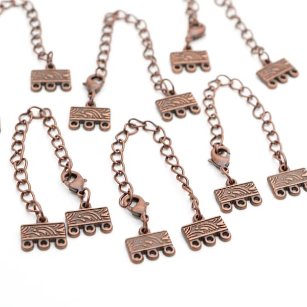 6 pcs three strand clasps, 3 to 1 connectors with chain and lobster claw, antiqued copper tone base metal, closeout, 3 1/2" chain