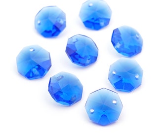8 pcs vintage two hole faceted beads, transparent cobalt blue glass beads, 14mm