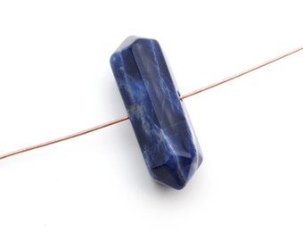 Long side drilled double terminated sodalite bead, blue and white semiprecious stone, 38mm long