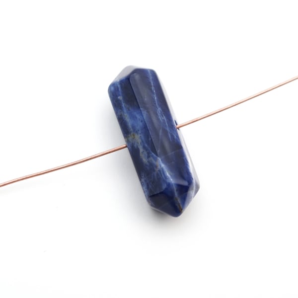 Long side drilled double terminated sodalite bead, blue and white semiprecious stone, 38mm long