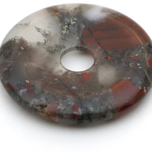 Large African bloodstone donut pendant, green red white colors, flat round semiprecious stone 50mm