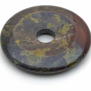 Large green and red dragonsblood jasper donut pendant, flat round semiprecious stone 50mm