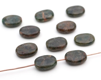 10 pcs flat oval green apatite beads, dark semiprecious stone 14mm
