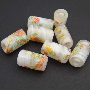 8 pcs vintage large hole beads, white Japanese lampwork glass with multicolor murrine 14mm