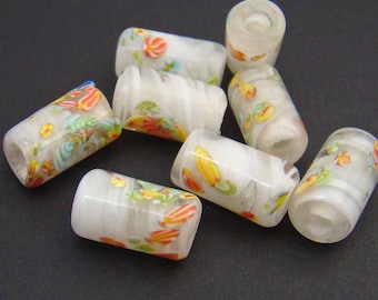 8 pcs vintage large hole beads, white Japanese lampwork glass with multicolor murrine 14mm