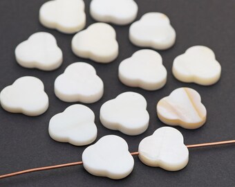 14 pcs small flat white clover leaf beads, polished shape, closeout, average size 14mm