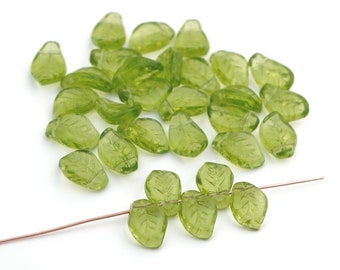 30 pcs top drilled curved leaf beads, green color, Czech glass leaves, average length 15mm