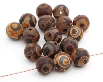 16 pcs round Tibetan agate beads, brown matte eye patterns, semiprecious stone, average size 12mm