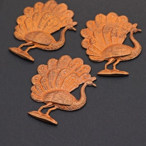 3 pcs brass peacock stampings, vintage metal birds, detailed feathers, 43mm