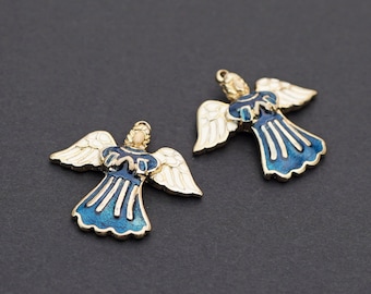 2 pcs Christmas angel charms, blue and white enameled charms, gold plated pewter, average length 24mm