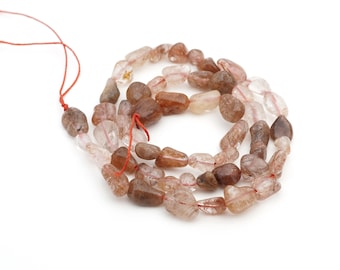 Small rutilated quartz nugget beads, 15" strand clear and reddish with black threads, semiprecious stone avg 8mm