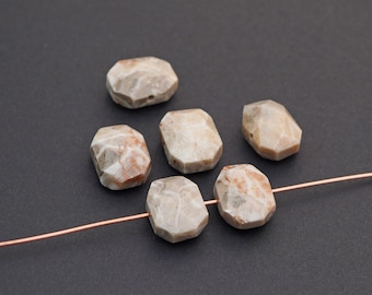 6 pcs fossilized coral beads, flat faceted oval shape, side drilled grey brown semiprecious stone, avg length 14mm