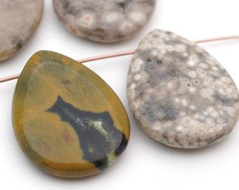 4 pcs large top drilled ocean jasper beads, flat multicolor brown green semiprecious stone teardrops, average length 30mm