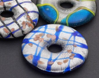 3 pcs large foilback glass donut pendants, flat back, blue and silver colors, closeout, 41mm 42mm across