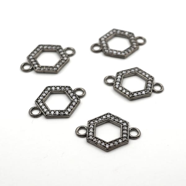 5 pcs hexagonal two hole links, sparkling pave style components, clear rhinestones, gunmetal finish, 20mm