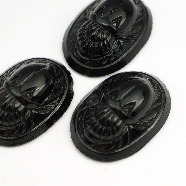 Vintage Japan scarab cabs, opaque black glass cabochons 25mm, 3 pc