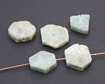 5 pcs flat aquamarine slice beads, light blue brown hexagonal semiprecious stone average size 17mm