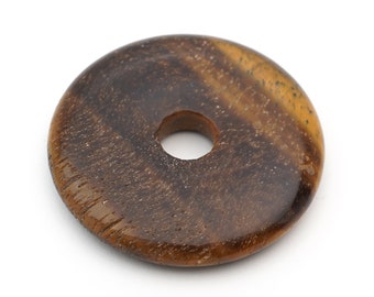 Tigereye donut pendant, flat round brown black and yellow semiprecious stone 40mm