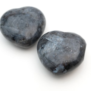2 pcs undrilled larvikite puff heart stones, polished grey and black semiprecious stone, Norwegian moonstone, average 30mm across