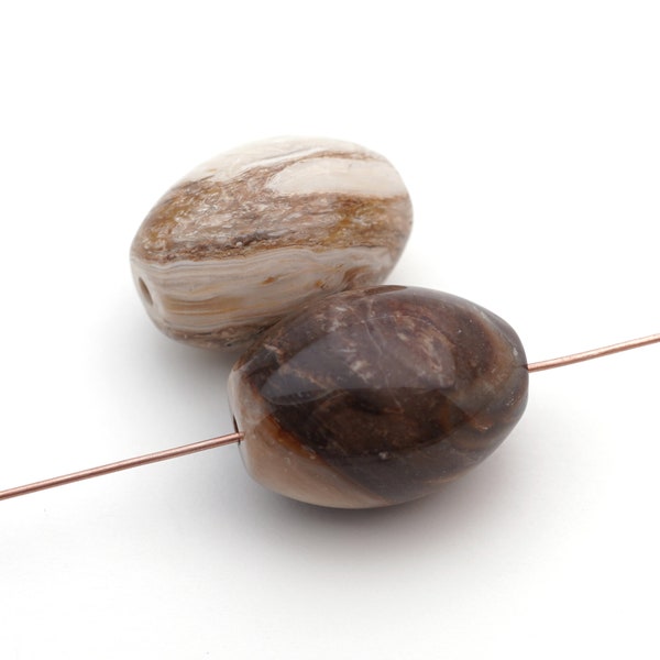 2 pcs oval fossilized wood beads, 2mm hole, brown and grey earth tones semiprecious stone, average length 25mm