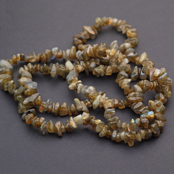 Small labradorite chip beads, 32" strand green semiprecious stone chips, average size 8mm