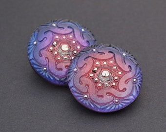 2 pcs large blue and red buttons, Czech glass, rhinestone center, purple color, base metal loop shank, 27mm across