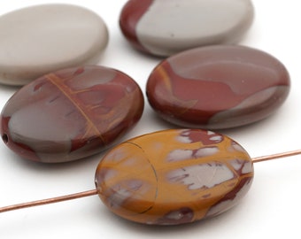 5 pcs flat oval Noreena jasper beads, polished red grey brown semiprecious stone 25mm