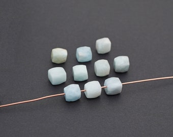 10 pcs small faceted aquamarine cube beads, light blue semiprecious stone, average 7mm 8mm
