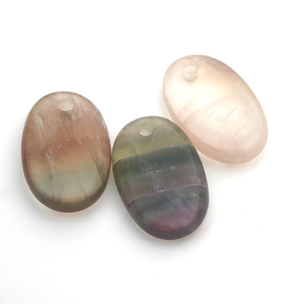 3 pcs oval fluorite pendants, front drilled flat pale multicolor purple semiprecious stone, average length 31mm