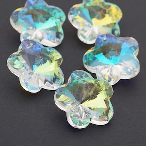 5 pcs faceted glass flower pendants, clear AB color, front drilled large floral beads, 28mm across