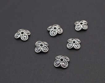 6 pcs sterling silver Bali style four petal flower beadcaps, spiral motif bead caps, 10mm across