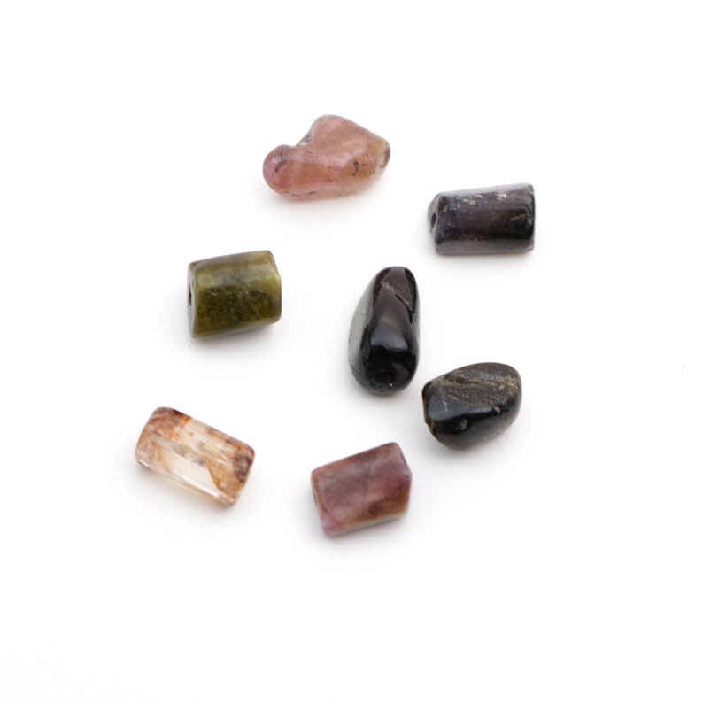 7 pcs small tourmaline nugget beads, black, pink and green semiprecious stone, multicolor, average length 10mm image 4