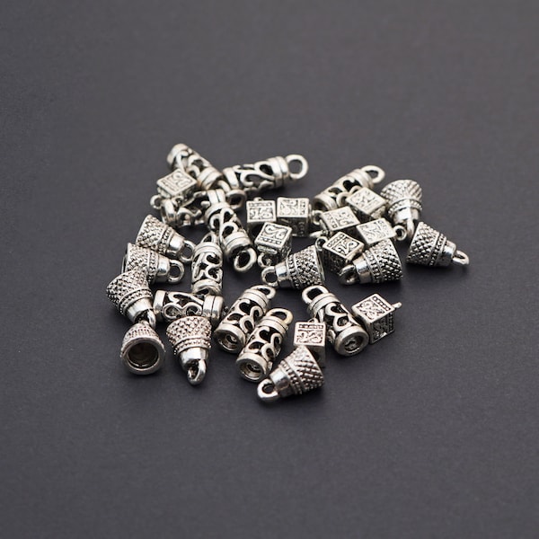 30 pcs assorted small kumihimo and leather end caps, silvertone metal, square, round, patterned, with loops, CLOSEOUT 10mm to 18mm length
