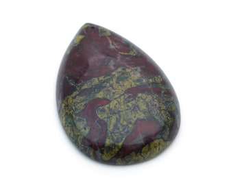 Dragonsblood jasper pendant, large flat back teardrop bead, green and red front drilled stone, length 50mm