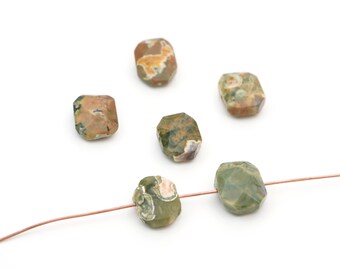 6 pcs rhyolite beads, flat faceted oval shape, side drilled green brown white semiprecious stone, avg length 14mm