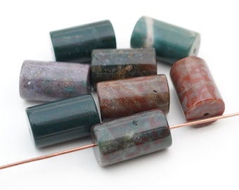 8 pcs cylindrical Indian agate beads. multicolor green white semiprecious stone cylinder shape, avg length 15mm 16mm