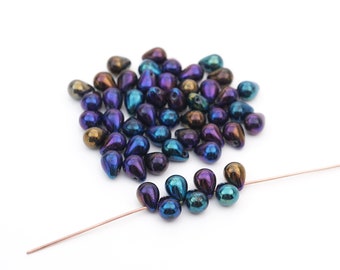 50 pcs top drilled smooth Czech glass teardrop beads, purple iris drops, 8mm