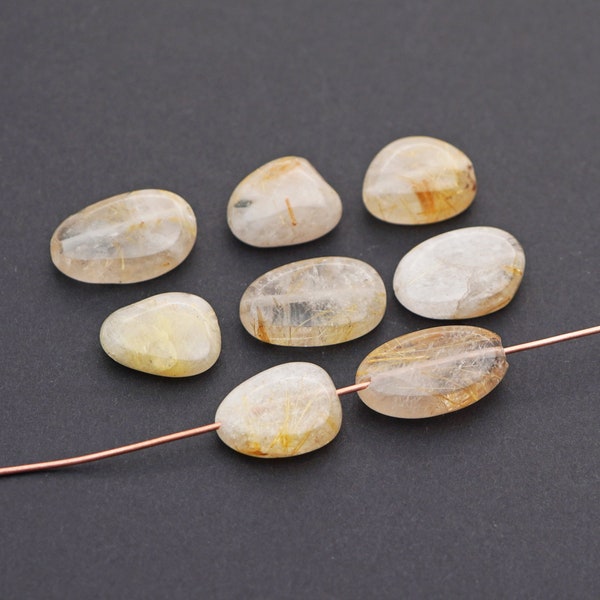 8 pcs rutilated quartz nugget beads, polished chunky semiprecious stone, clear with golden color threads avg size 16mm