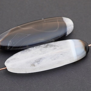 2 pcs long flat oval agate beads, large polished black white brown semiprecious stone, avg length 55mm