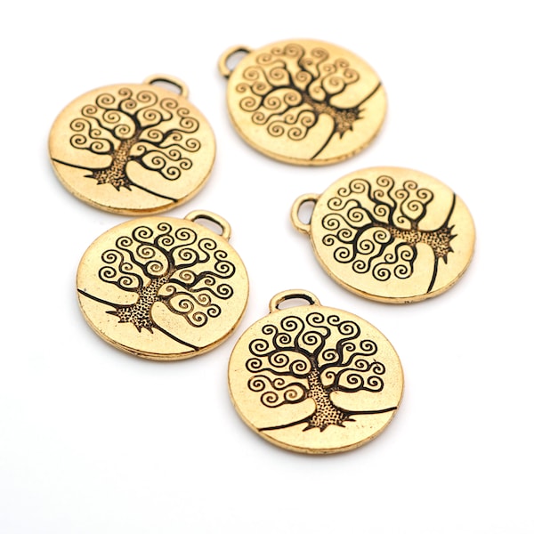 5 pcs Tree of Life pendants, Tierracast lead free pewter, gold plated, 26mm length